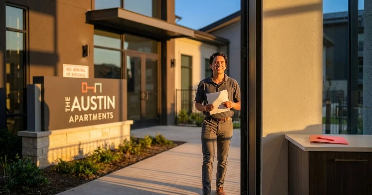 Hopeful person at apartment community entrance