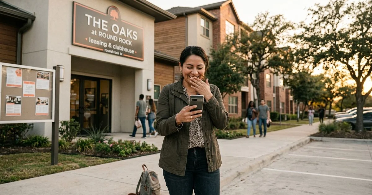 Renter celebrating apartment approval outside a Round Rock community