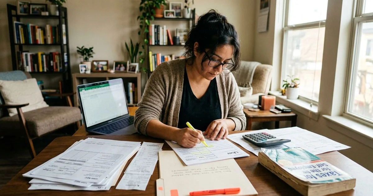 Self-employed worker organizing income documents